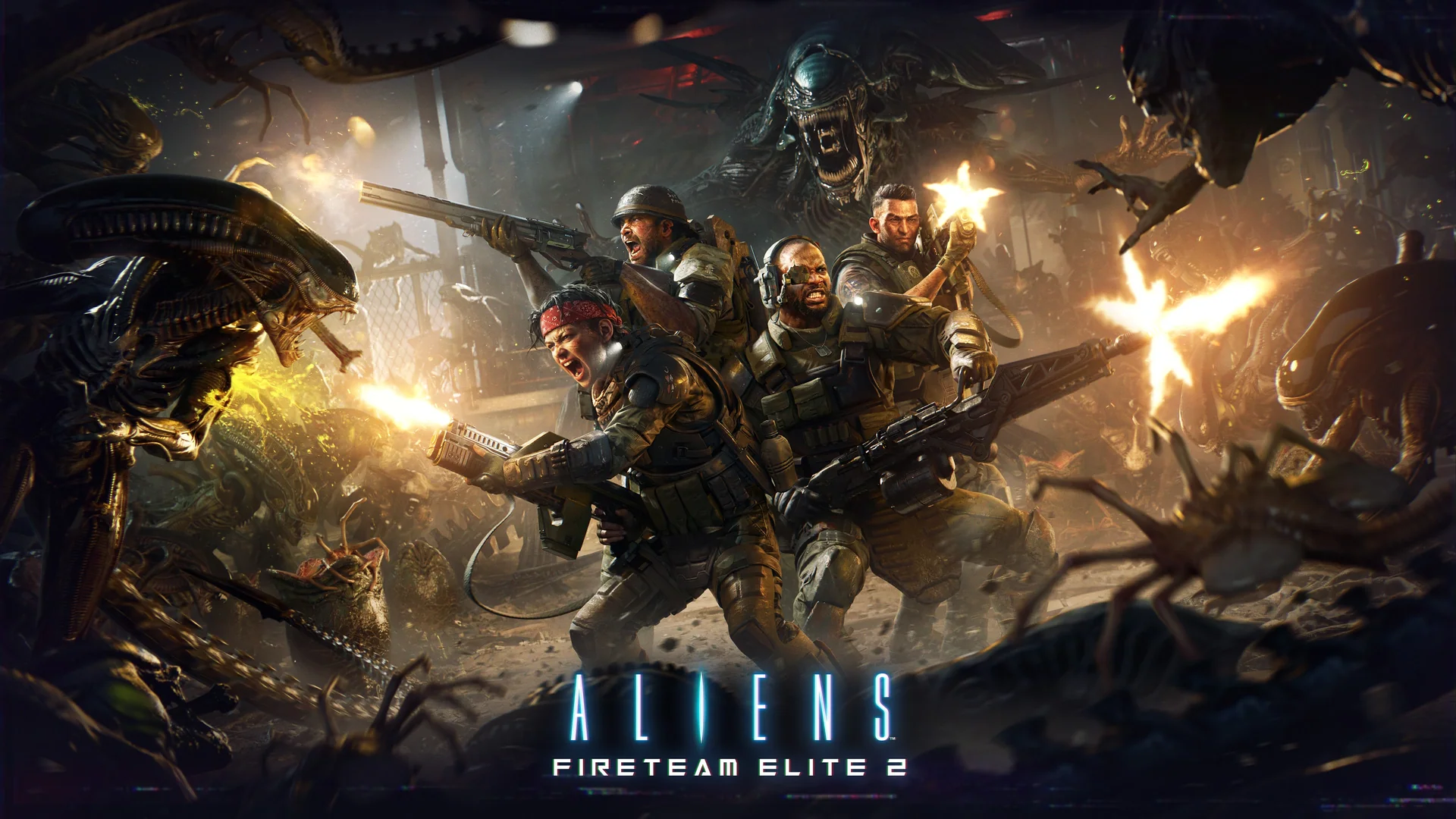 Four Colonial Marines surrounded by Xenomorphs in official Aliens Fireteam Elite 2 artwork